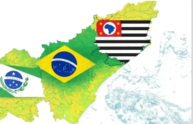 Mapa da bacia do Rio Ribeira com as bandeiras do Paraná, do Brasil e de São Paulo