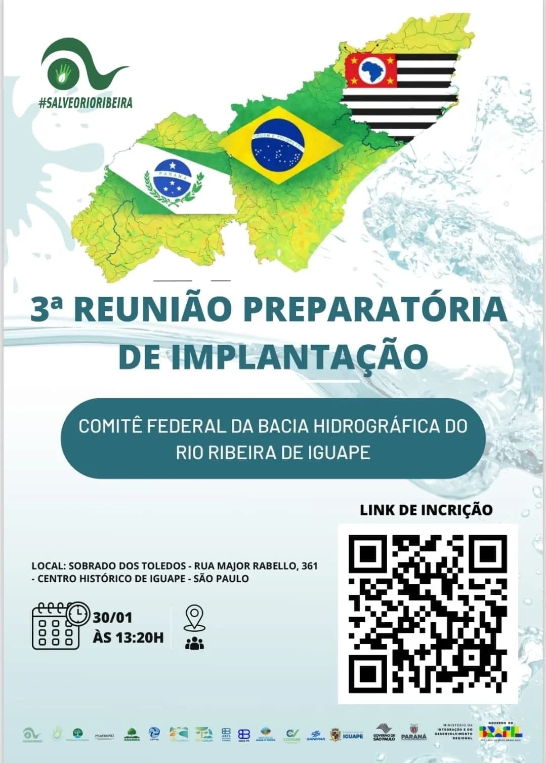 Cartaz da 3ª Reunião Preparatória do Comitê Federal da Bacia do Rio Ribeira, 30 de janeiro, em Iguape