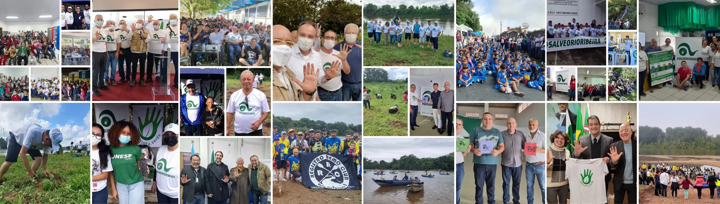 Mosaico de fotos da Jornada #SalveORioRibeira: palestras em escolas, plantios, remada no rio e reuniões